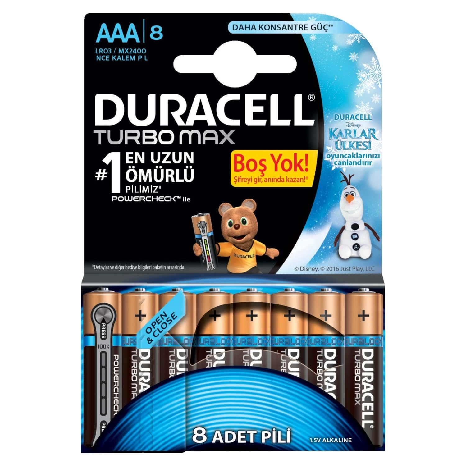 DURACELL ALKALİN TURBOMAX 8'Lİ İNCE KALEM PİL AAA KARLAR ÜLKESİ 1,5 VOLT