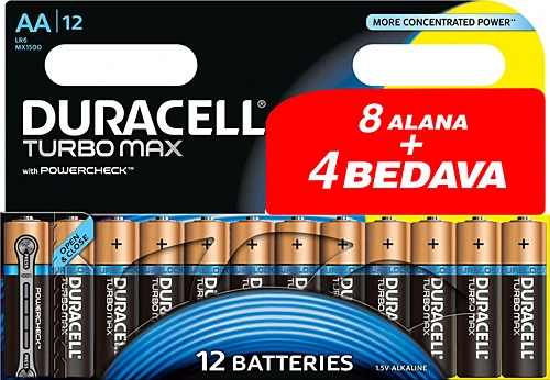 DURACELL ALKALİN TURBOMAX MX1500 AA 8 + 4 KALEM PİL 12'Lİ PİL 1,5 VOLT
