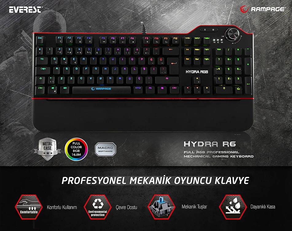 EVEREST RAMPAGE HYDRA R6 FULL COLOR RGB LED GAMİNG PRO MEKANİK KLAVYE