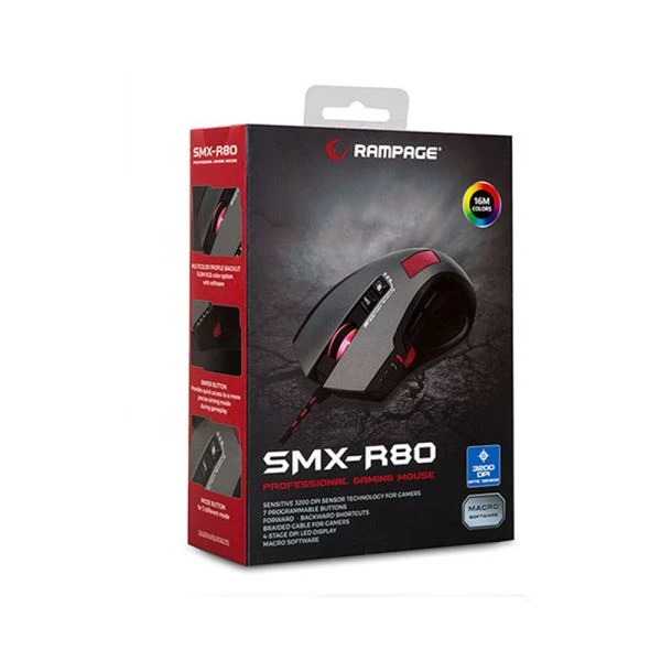 EVEREST RAMPAGE SMX-R80 USB GRİ/SİYAH 3200DPİ RGB MAKROLU GAMİNG MOUSE