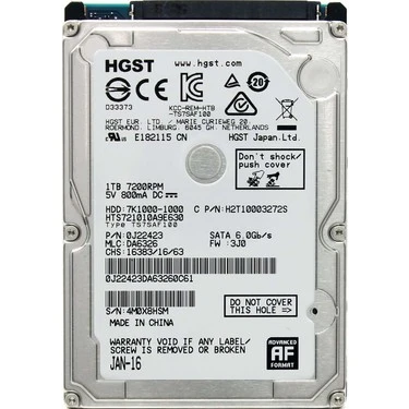 HGST TRAVELSTAR 7K1000 2.5" 1TB 7200RPM SATA 3 HARD DİSK HTS721010A9E630