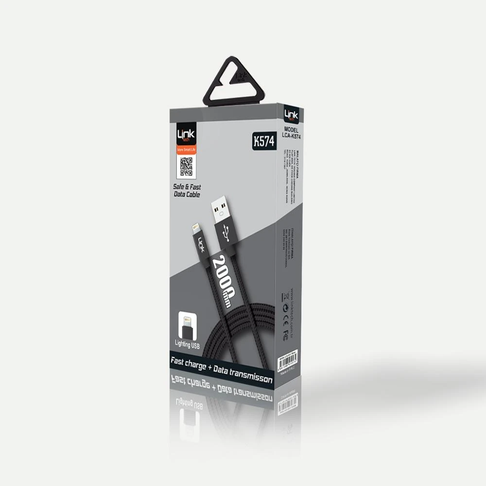 LİNK TECH K574 SAFE LİGHTNİNG USB METAL BAŞLI 2000MM ŞARJ DATA KABLOSU SİYAH