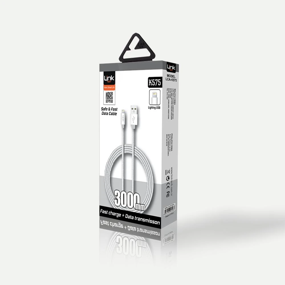 LINK TECH K575 SAFE LİGHTNİNG USB ÖRGÜ METAL BAŞLI 3000 MM ŞARJ KABLOSU BEYAZ