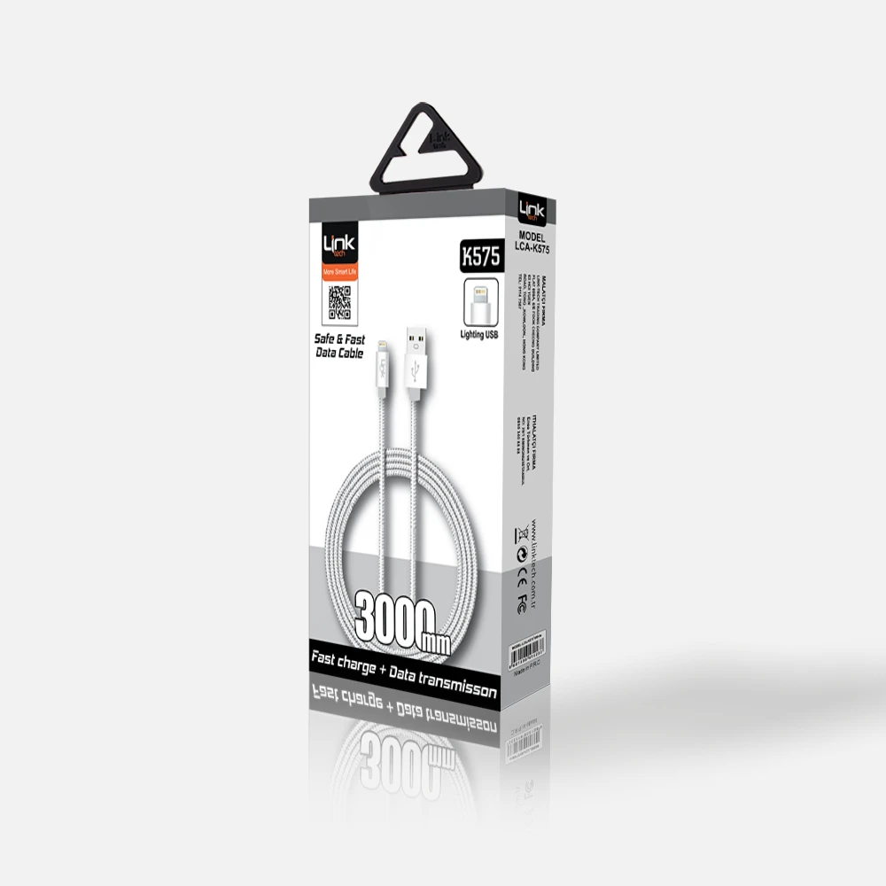 LINKTECH K575 SAFE LİGHTNİNG USB ÖRGÜ METAL BAŞLI 3000 MM ŞARJ KABLOSU SİYAH