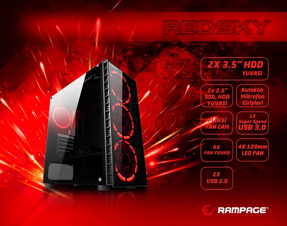 RAMPAGE REDSKY 4*12CM KIRMIZI LEDLİ FAN SİYAH 1*USB3.0 2*USB2.0 CAM PENCERELİ OYUNCU KASA