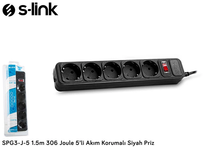 S-LİNK SPG3-J-5 1.5M 306JOULE 5Lİ AKIM KOR.SİYAH PRİZ