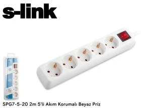 S-link SPG7-5-20 2m 5'li Akım Korumalı Beyaz Priz