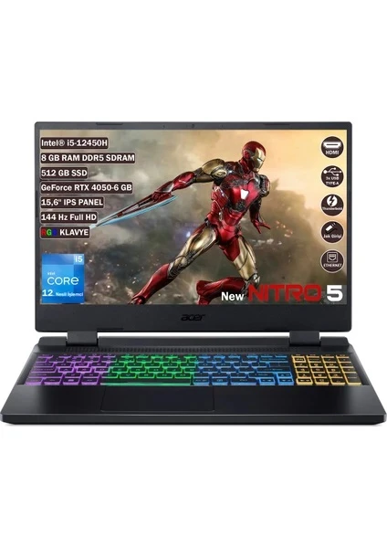 ACER NİTRO 5 AN515-58 INTEL CORE I5 12450H 8 GB 512 GB SSD RTX 4050 - 6 GB FREEDOS 15.6" FHD 144 HZ IPS
