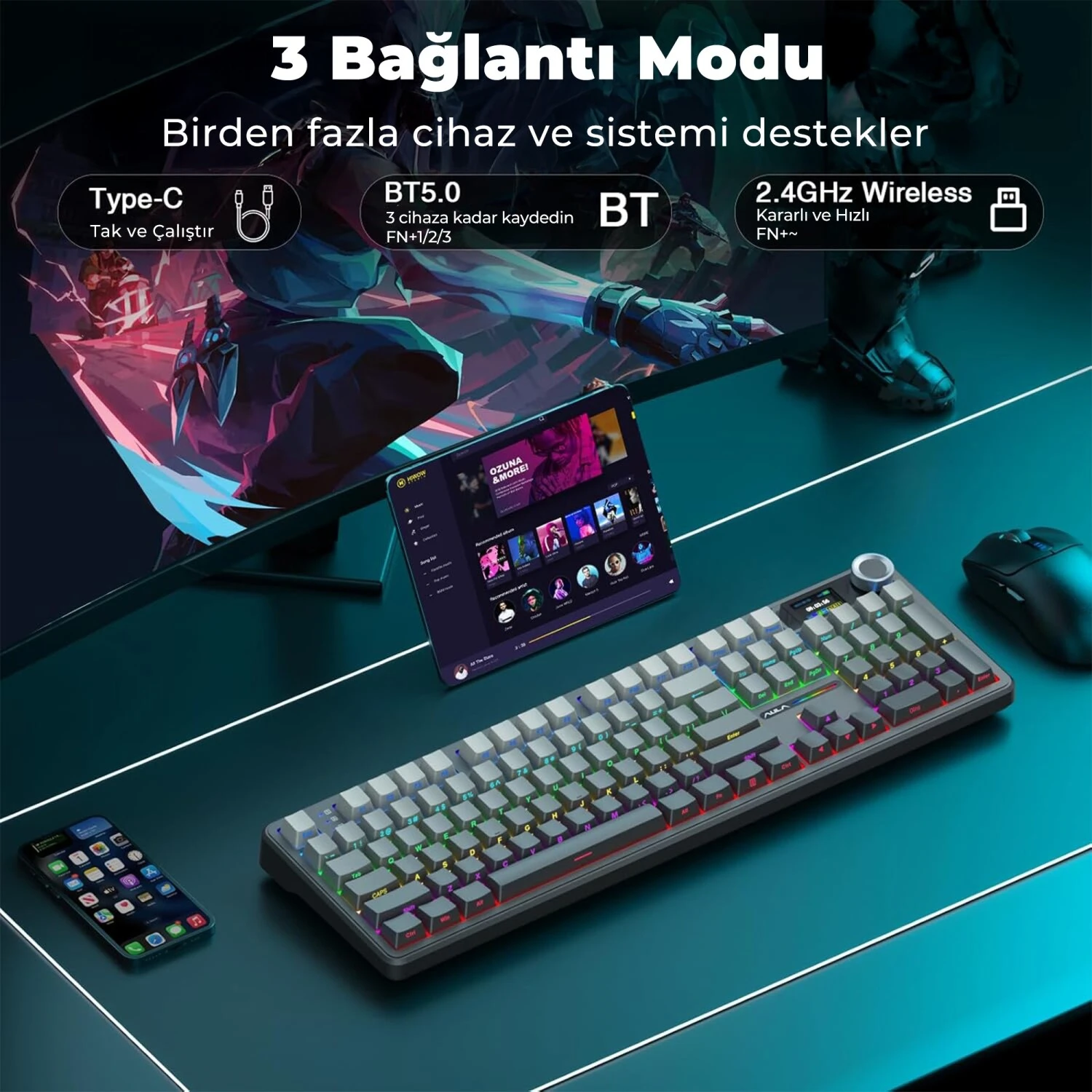 Aula F108 Pro Ekranlı Mekanik Klavye Zephyr Switch RGB Hot Swap 8000mAh Makrolu Oyuncu Klavyesi Gri