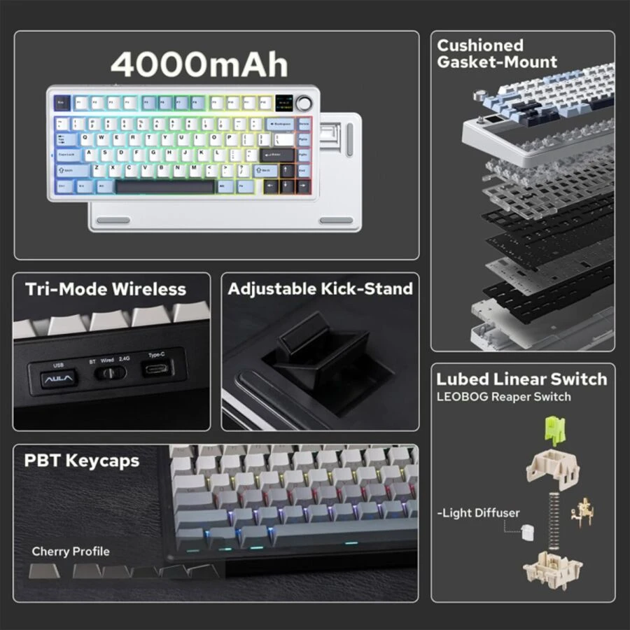 Aula F75 Max Mekanik RGB TKL Reaper Switch Kablosuz Makrolu Hot Swap Klavye Lacivert