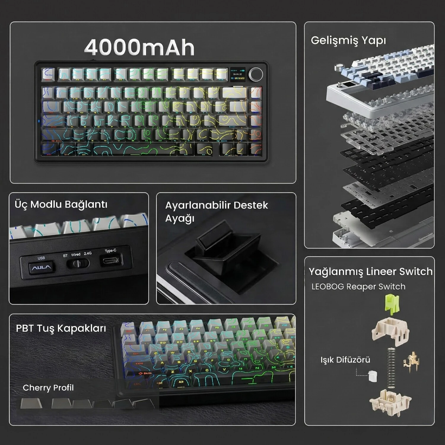 Aula F75 Max Mekanik RGB TKL Reaper Switch Kablosuz Makrolu Hot Swap Klavye Desenli Gri