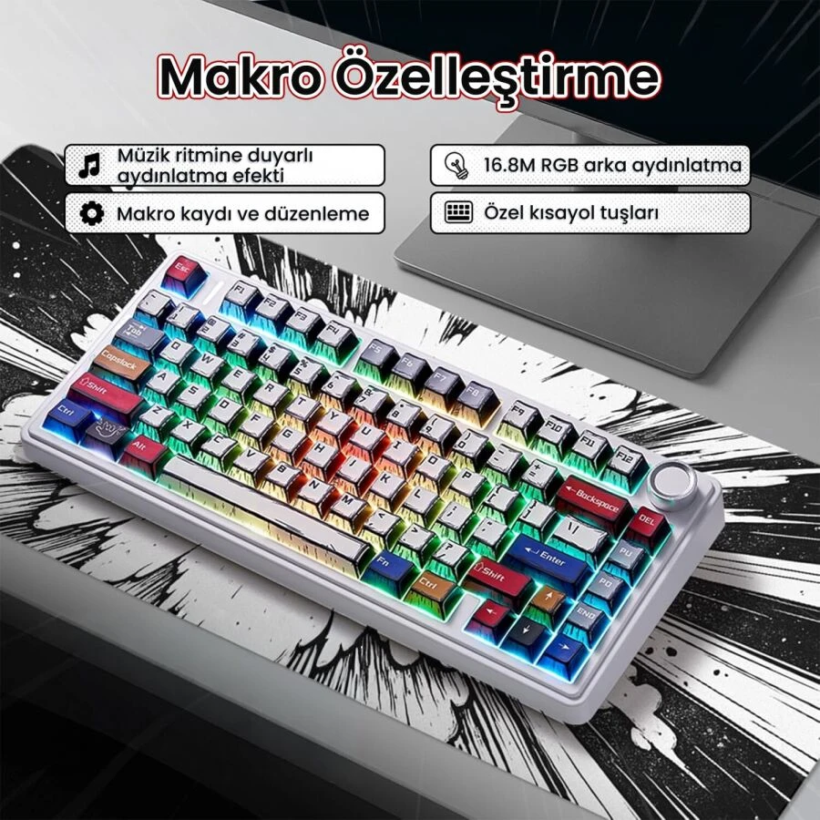 Aula F75 Mekanik Kablosuz Oyuncu Klavyesi RGB TKL Reaper Switch Hot Swap Makrolu Comic Karikatür Tasarım