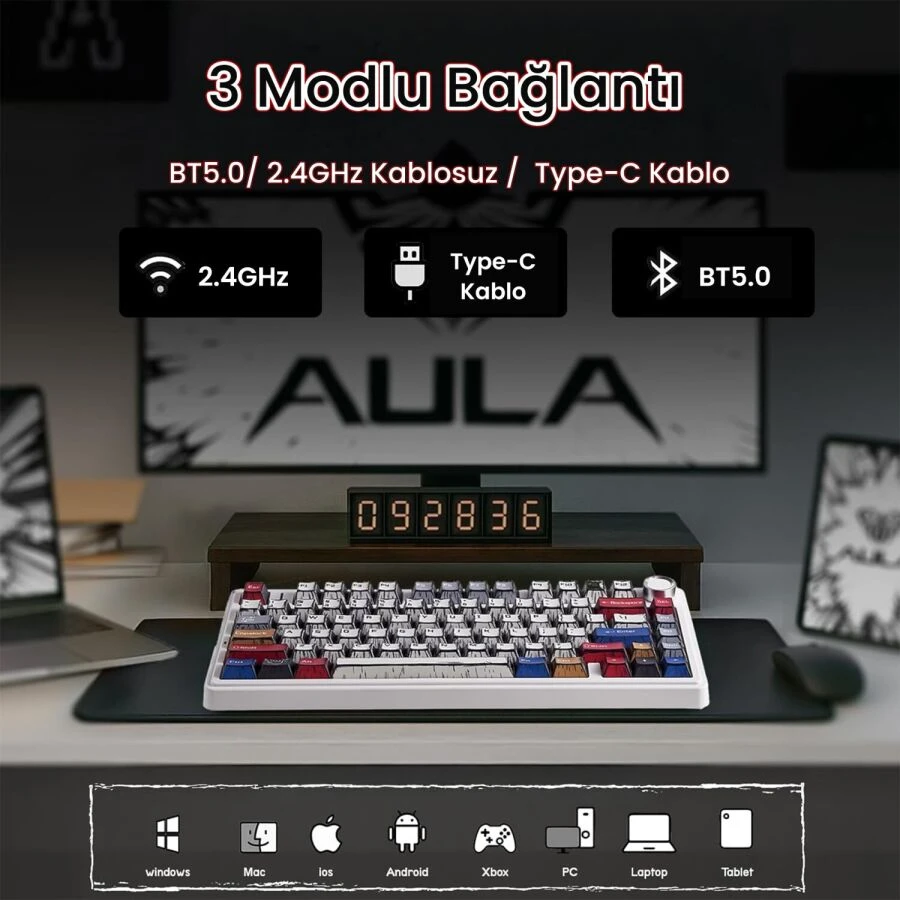 Aula F75 Mekanik Kablosuz Oyuncu Klavyesi RGB TKL Reaper Switch Hot Swap Makrolu Comic Karikatür Tasarım