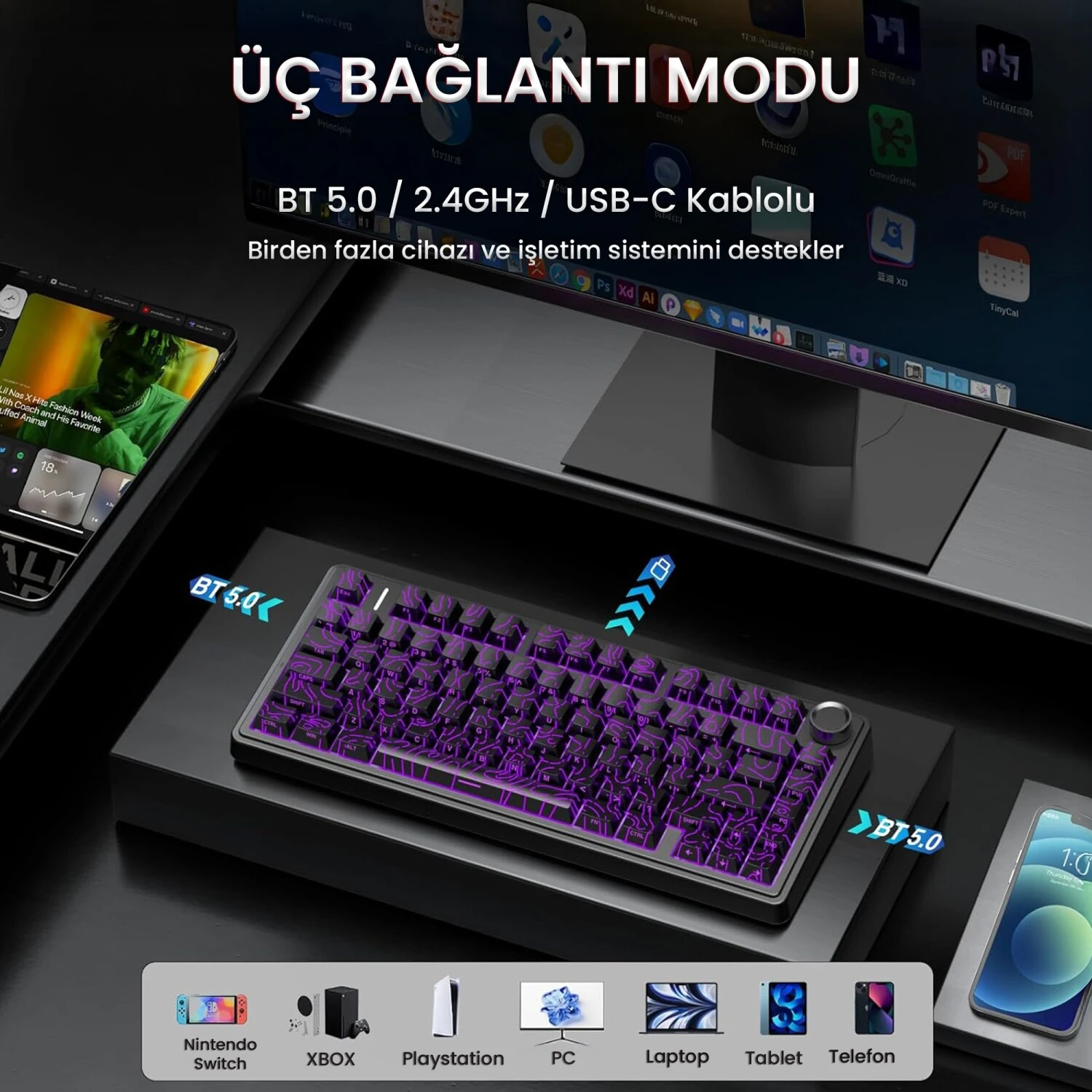 Aula F75 Mekanik RGB TKL Seiya Switch Kablosuz Makrolu Hot Swap Gaming Klavye Desenli Siyah