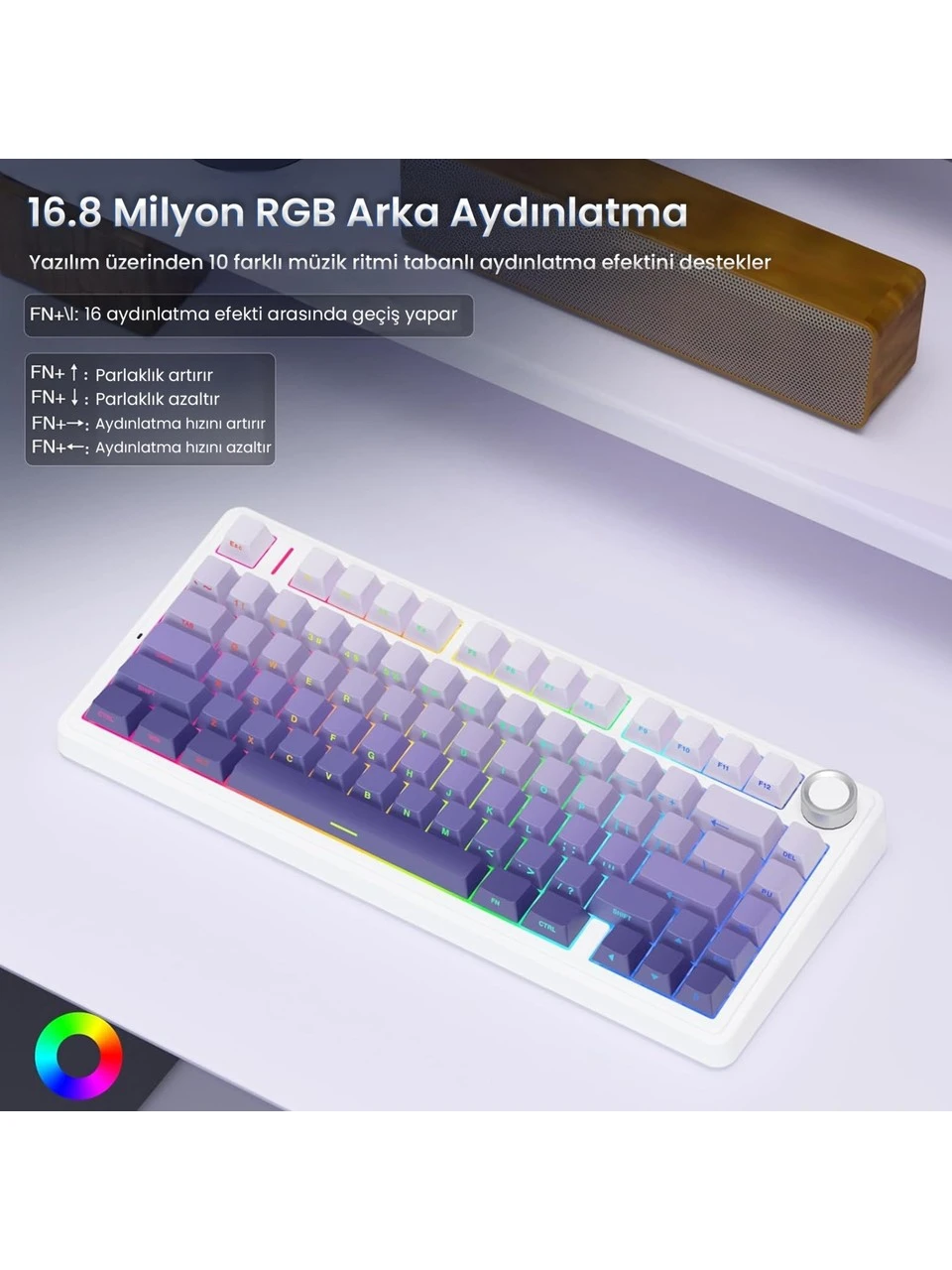 Aula F75 Mekanik RGB TKL Seiya Switch Kablosuz Makrolu Hot Swap Gaming Klavye Gradyan Mor