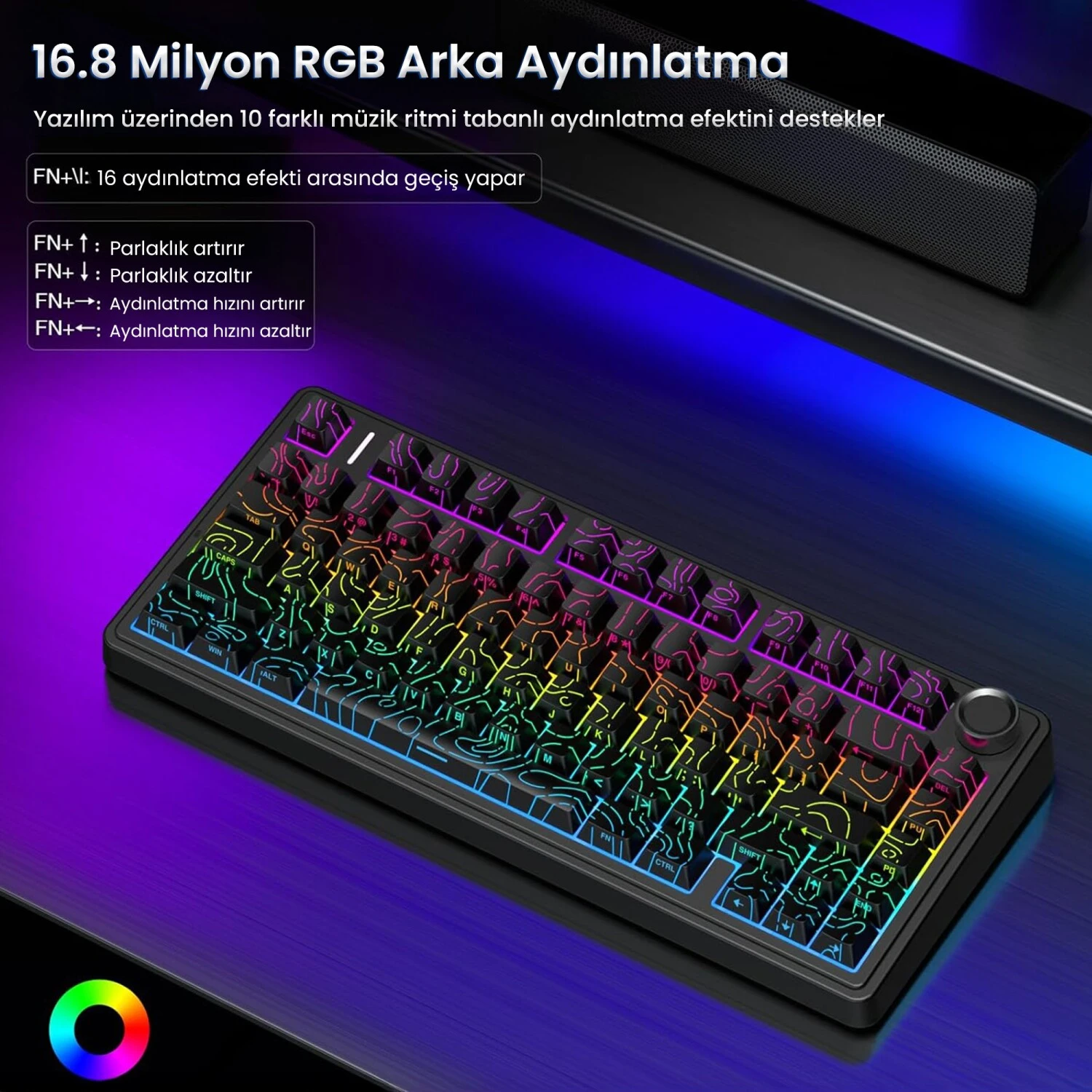 Aula F75 Mekanik RGB TKL Seiya Switch Kablosuz Makrolu Hot Swap Gaming Klavye Desenli Siyah
