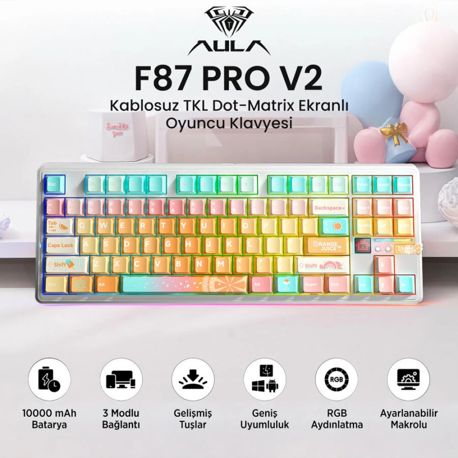 Aula F87 PRO V2 Mekanik RGB TKL Meteor Ice Cream Switch Kablosuz Makrolu Hot Swap Klavye Orange Juice