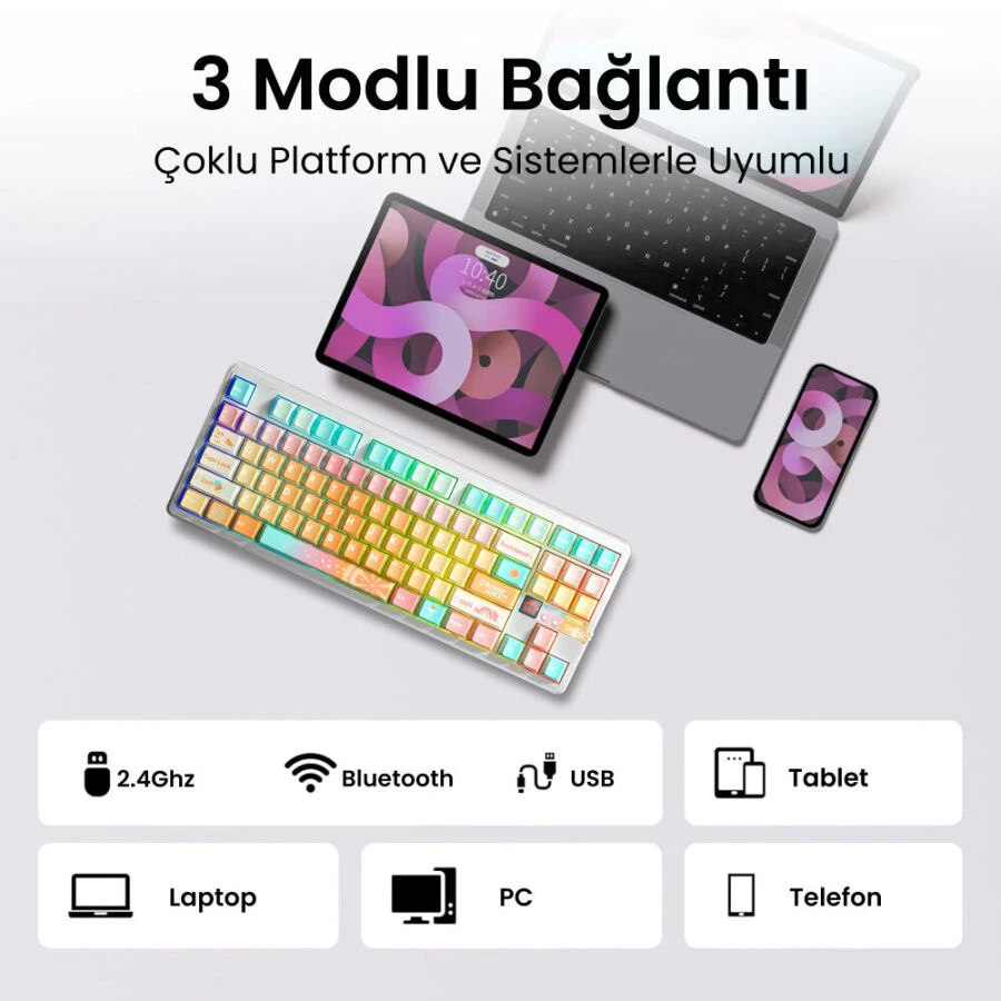 Aula F87 PRO V2 Mekanik RGB TKL Meteor Ice Cream Switch Kablosuz Makrolu Hot Swap Klavye Orange Juice