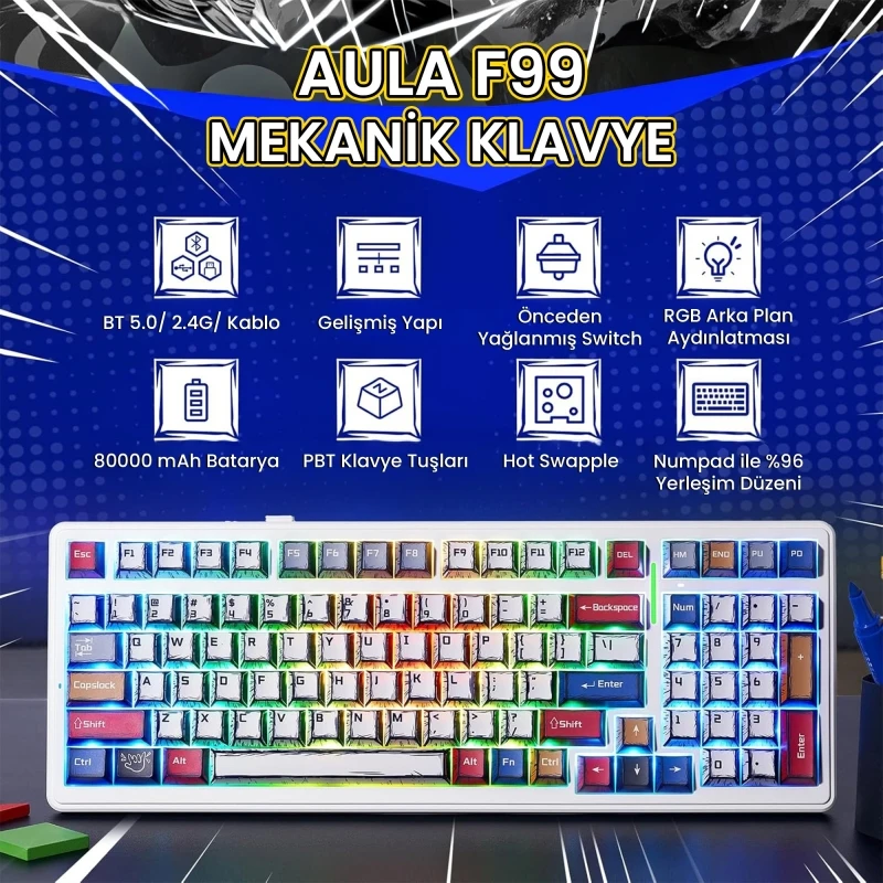 Aula F99 3 Modlu RGB Hot Swap Mekanik GrayWood V3 Switch Kablosuz Makrolu Gaming Klavye Comic