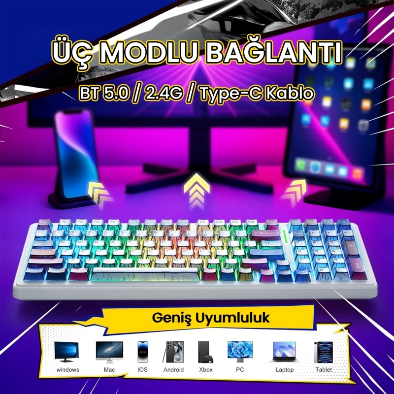 Aula F99 3 Modlu RGB Hot Swap Mekanik GrayWood V3 Switch Kablosuz Makrolu Gaming Klavye Comic