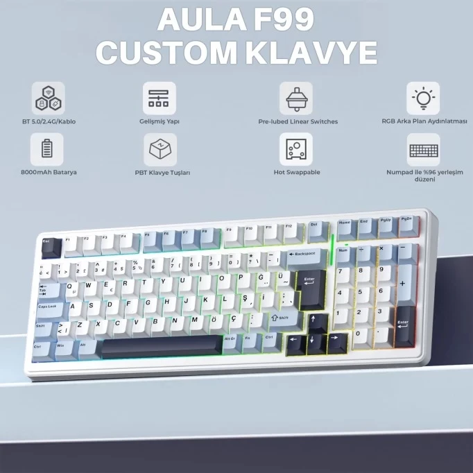 Aula F99 Mekanik RGB Hot Swap GrayWood V4 Switch 3 Modlu Kablosuz Makrolu Türkçe Q Klavye Lacivert