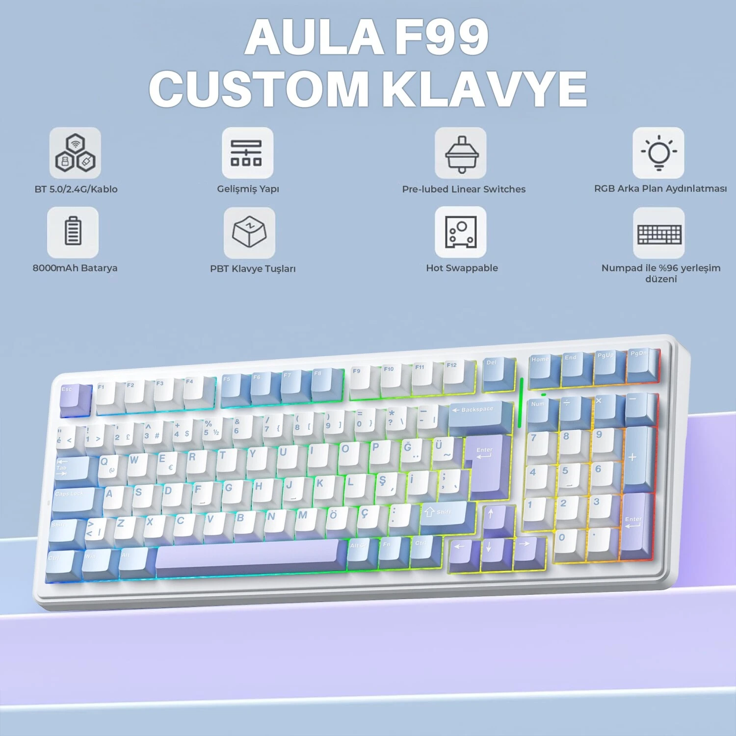 Aula F99 Mekanik RGB Hot Swap GrayWood V4 Switch 3 Modlu Kablosuz Makrolu Türkçe Q Klavye Mavi