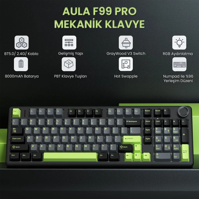 Aula F99 Pro 3 Modlu RGB Hot Swap Mekanik GrayWood V3 Switch Kablosuz Makrolu Gaming Klavye Yeşil