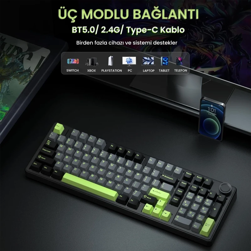 Aula F99 Pro 3 Modlu RGB Hot Swap Mekanik GrayWood V3 Switch Kablosuz Makrolu Gaming Klavye Yeşil