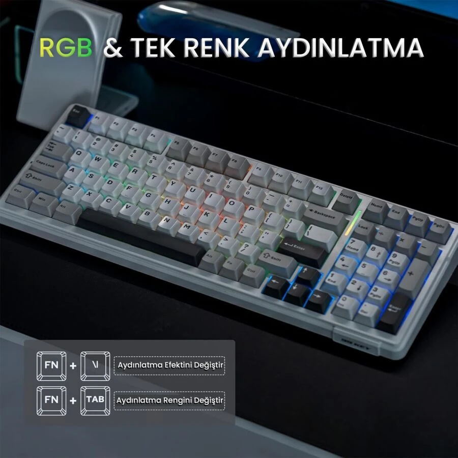Aula F99 Pro 3 Modlu RGB Hot Swap Mekanik Nimbus V3 Switch Kablosuz Makrolu Gaming Klavye Gradyan Mavi
