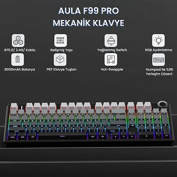 Aula F99 Pro 3 Modlu RGB Hot Swap Mekanik Nimbus V3 Switch Kablosuz Makrolu Klavye Gradyan Gri