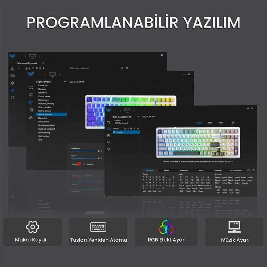 Aula F99 Pro 3 Modlu RGB Hot Swap Mekanik Nimbus V3 Switch Kablosuz Makrolu Gaming Klavye Gradyan Mavi