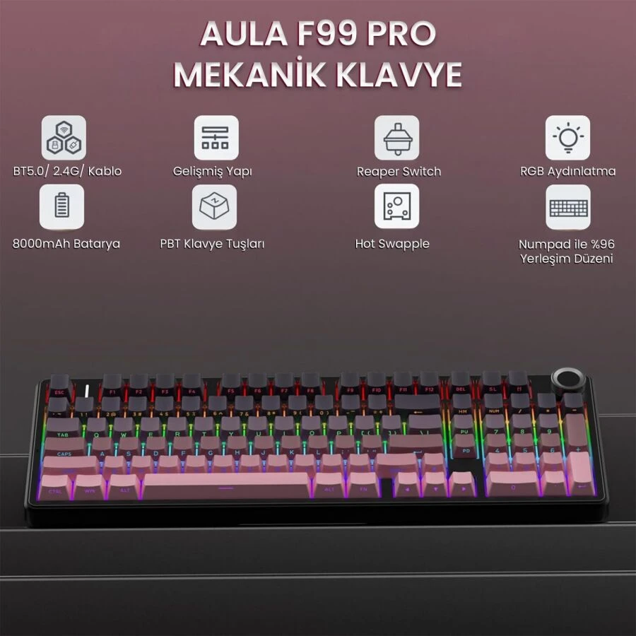 Aula F99 Pro 3 Modlu RGB Hot Swap Mekanik Reaper Switch Kablosuz Makrolu Gaming Klavye Gradyan Pembe