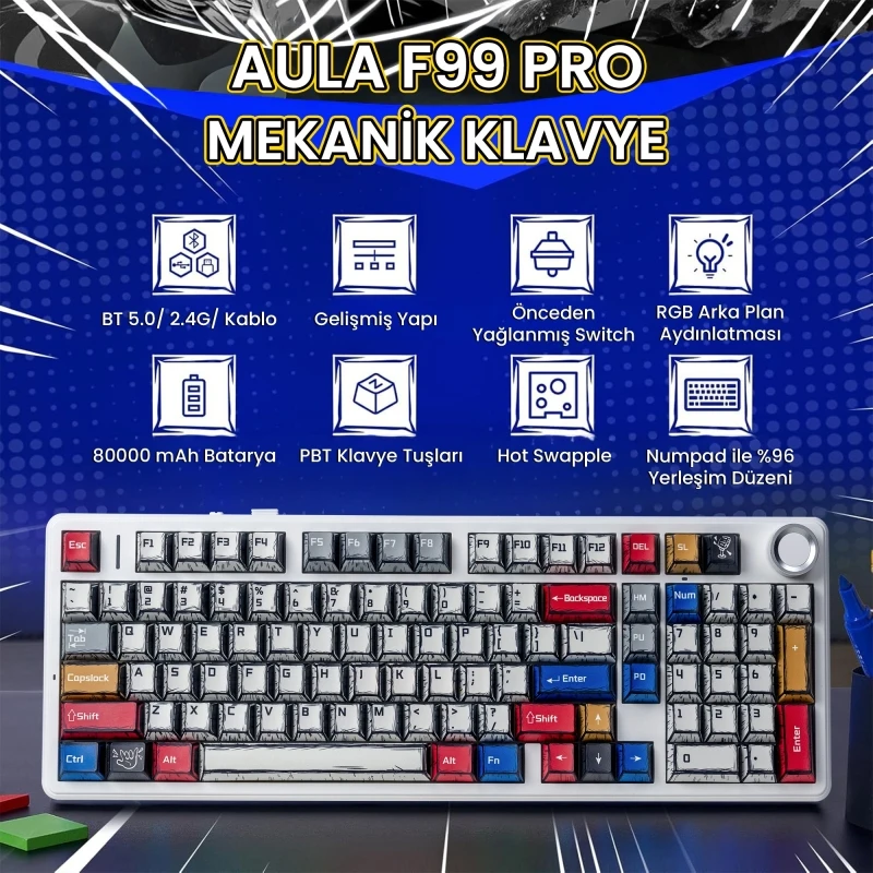 Aula F99 Pro Comic RGB %96 Star Vector Switch Kablolu/Kablosuz Mekanik Oyuncu Klavyesi