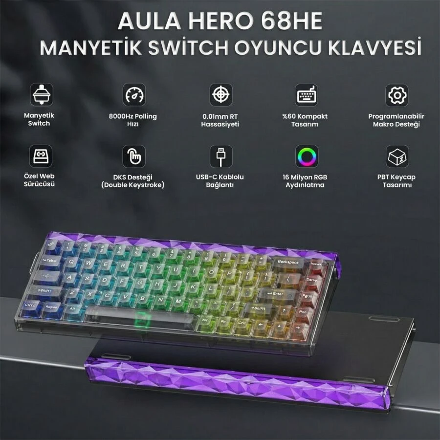 Aula Hero 68 He Manyetik Klavye Rapid Trigger Jade King Switch 8000Hz Rgb Neon Tkl Hot Swap Oyuncu Klavyesi Şeffaf Siyah