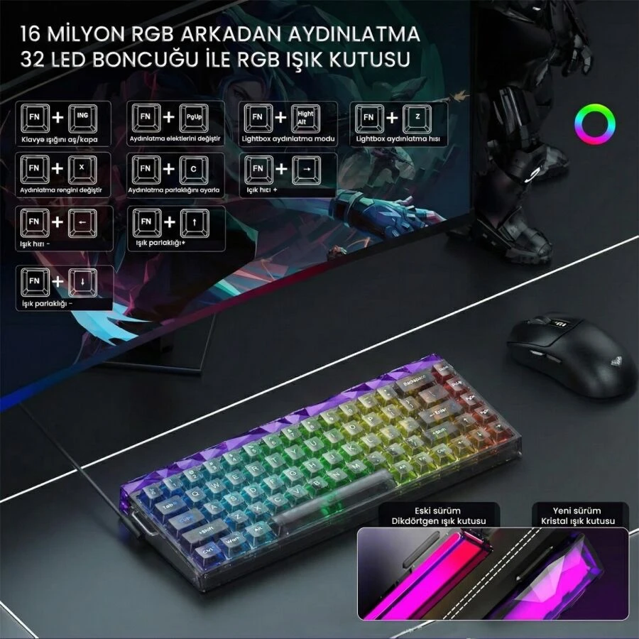 Aula Hero 68 He Manyetik Klavye Rapid Trigger Jade King Switch 8000Hz Rgb Neon Tkl Hot Swap Oyuncu Klavyesi Şeffaf Siyah