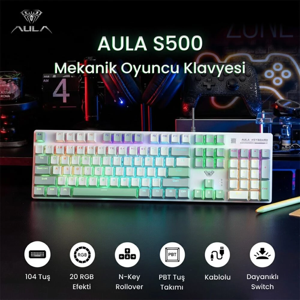 Aula S500 RGB %100 Brown Switch Kablolu Mekanik Oyuncu Klavyesi