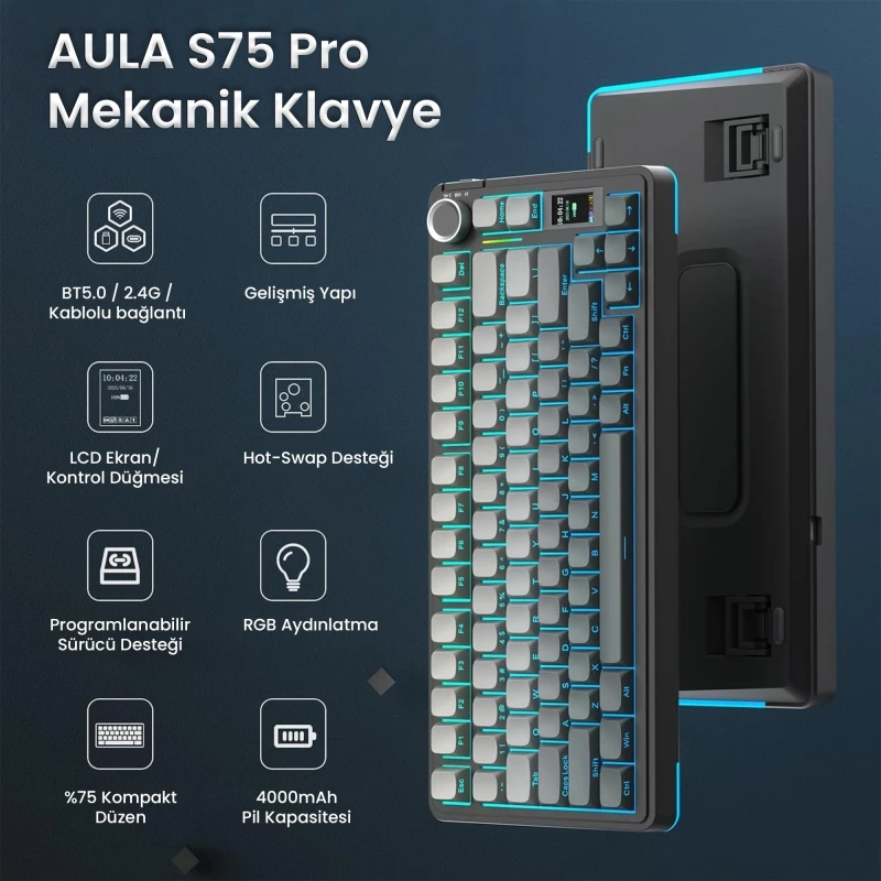Aula S75 Pro Mekanik RGB TKL Seiya Switch Kablosuz Makrolu Hot Swap Klavye Gradyan Gri