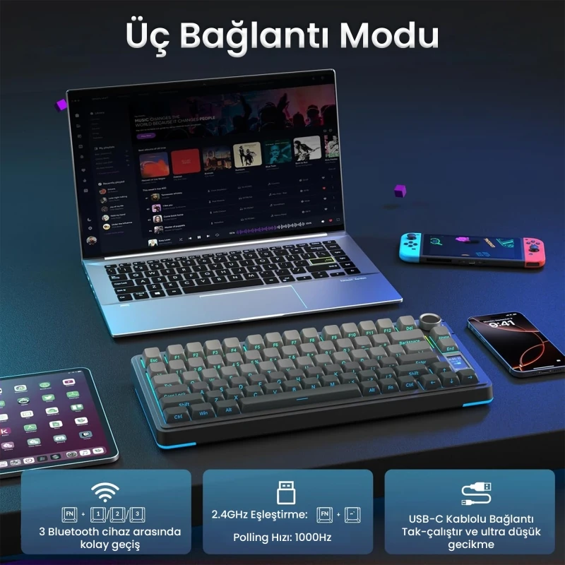 Aula S75 Pro Mekanik RGB TKL Seiya Switch Kablosuz Makrolu Hot Swap Klavye Gradyan Gri