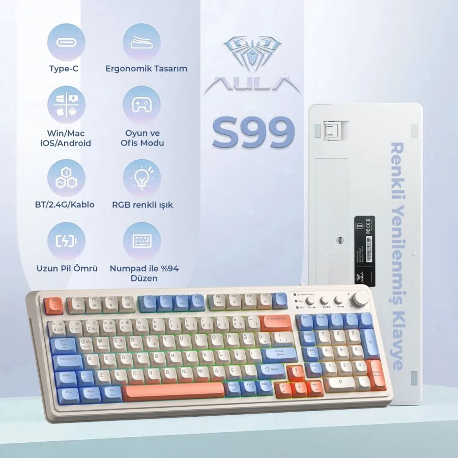 Aula S99 Retro Turuncu RGB %96 Kablolu/Kablosuz Oyuncu Klavyesi