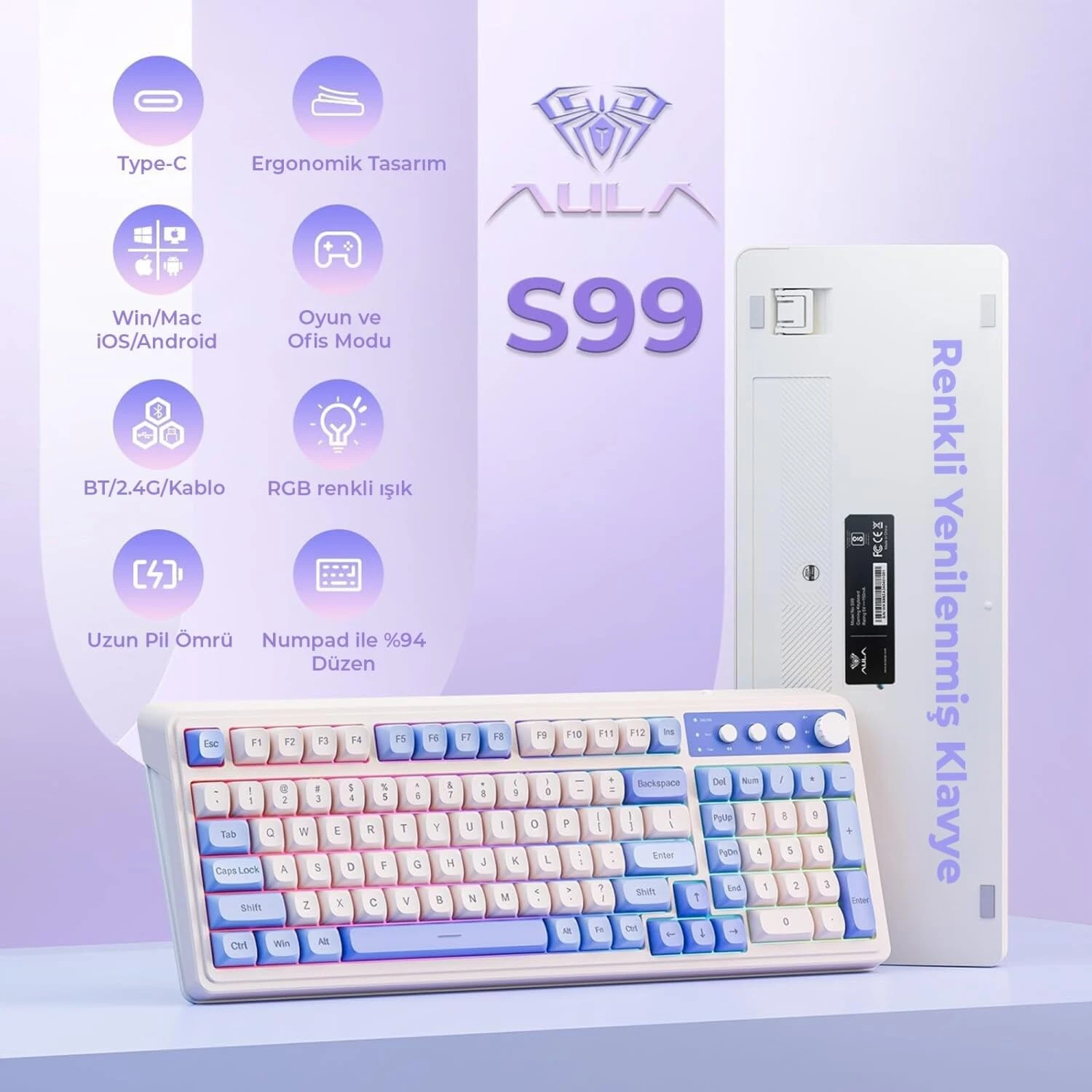 Aula S99 Retro Mavi RGB %96 Kablolu/Kablosuz Oyuncu Klavyesi