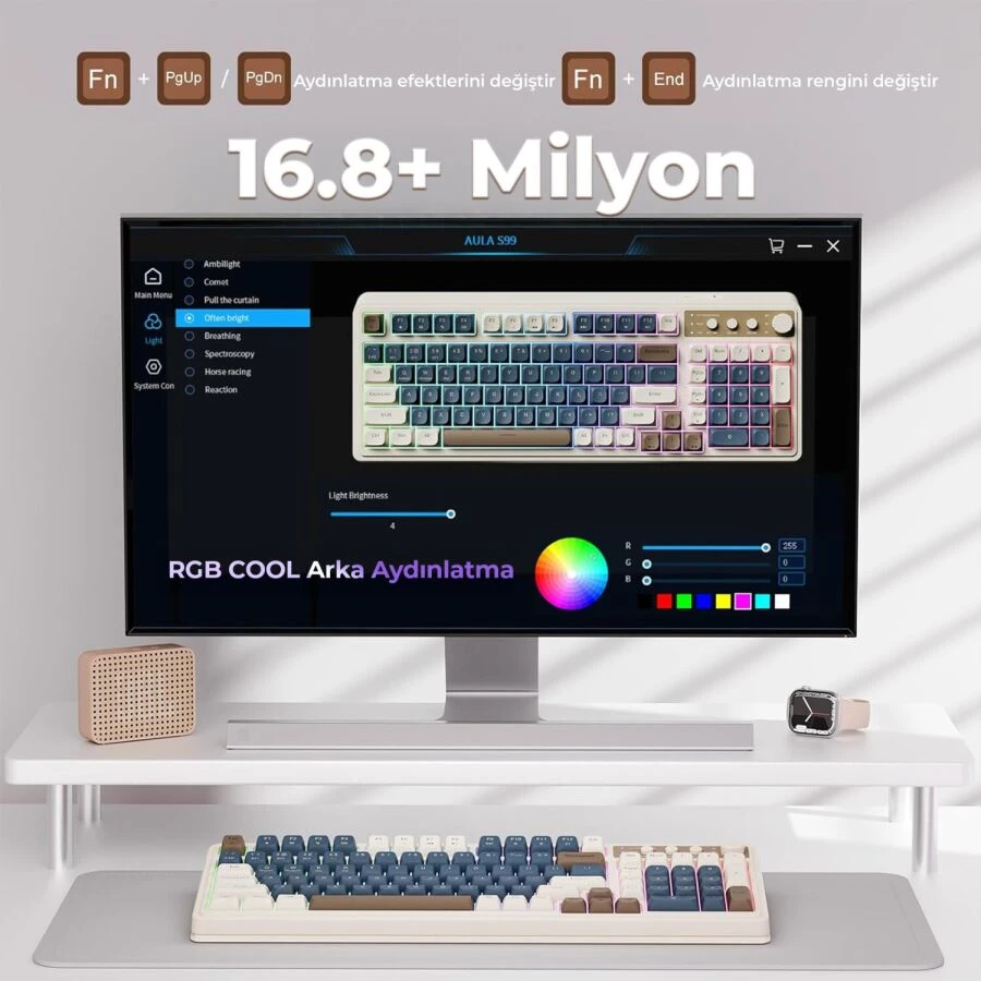 Aula S99 Retro RGB Gaming 3 Modlu Bluetooth/2.4GHz/USB-C Kablosuz Makrolu Türkçe Q Klavye Lacivert