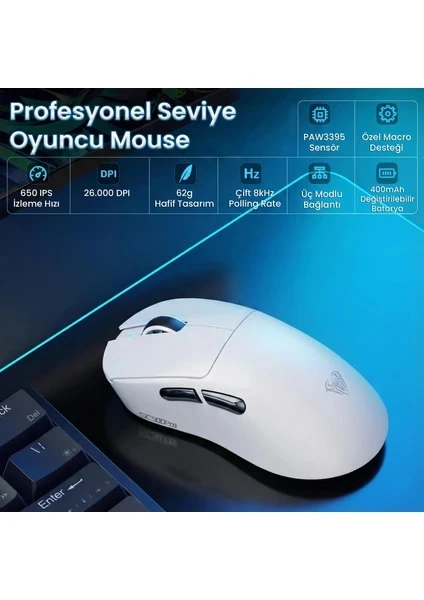 Aula SC900 Pro Beyaz Şarjlı Optik Kablolu/Kablosuz Oyuncu Mouse