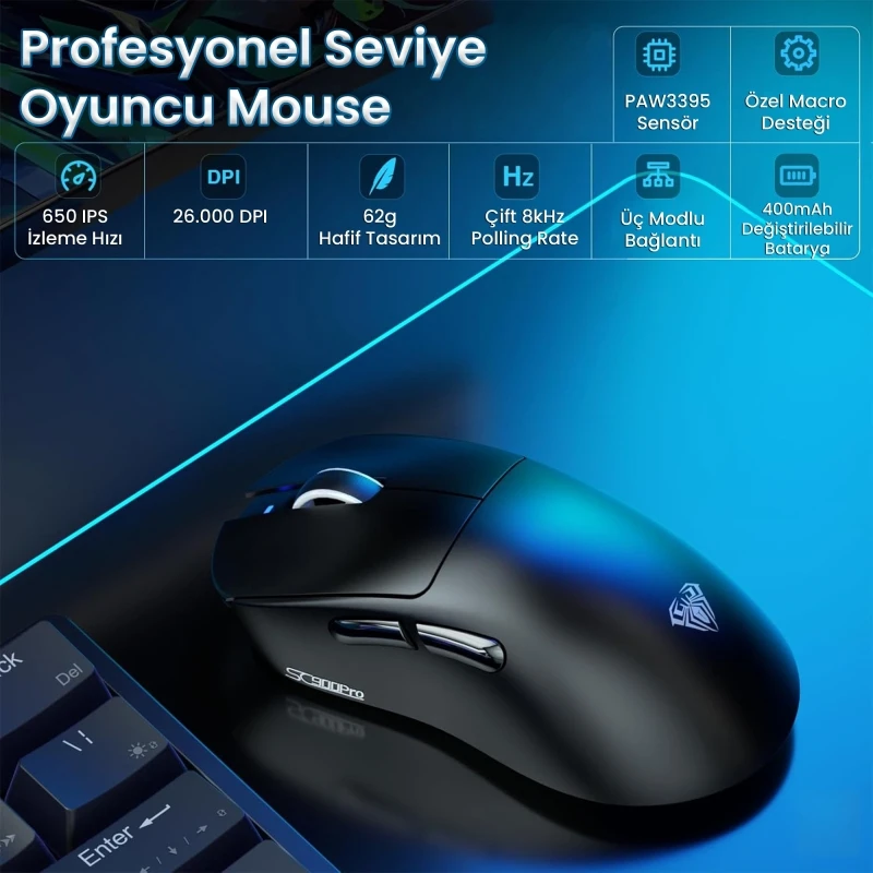Aula SC900 Pro Siyah Şarjlı Optik Kablolu/Kablosuz Oyuncu Mouse