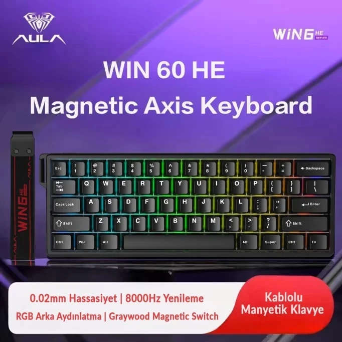 Aula Win60 He Manyetik Klavye Rapid Trigger Graywood Switch 8000Hz RGB TKL Hot Swap Oyuncu Klavyesi Siyah