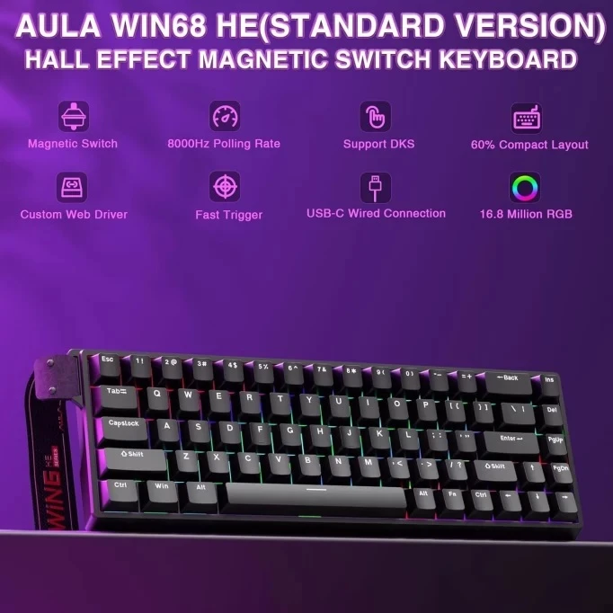 Aula Win68 HE Manyetik Klavye Rapid Trigger GrayWood Switch 8000Hz RGB TKL Hot Swap Oyuncu Klavyesi Siyah
