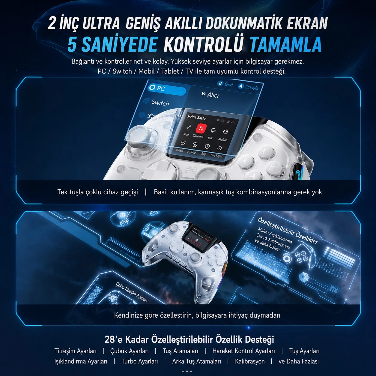 Beitong KP50 Hall Effect LCD Ekranlı Kablosuz Beyaz Gamepad (PC & Nintendo Switch & Android/İOS Uyumlu)