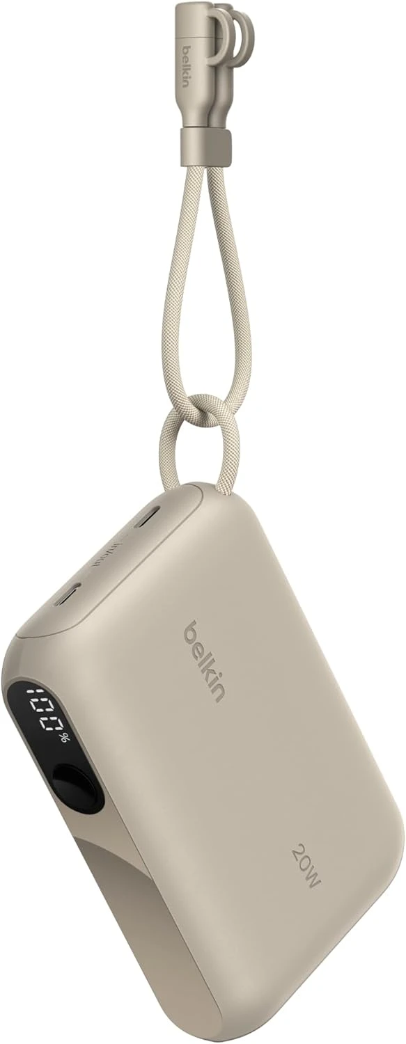 Belkin Taşınabilir Şarj Cihazı, 10K mAh USB-C İnce Güç Kaynağı, 2 USB-C Port, Dijital Pil Göstergesi, 20W Hızlı Şarj, iPhone 16, 15 Serisi, Samsung Galaxy S25, S24, Pixel 9, iPad ve Fazlası, Kum Rengi