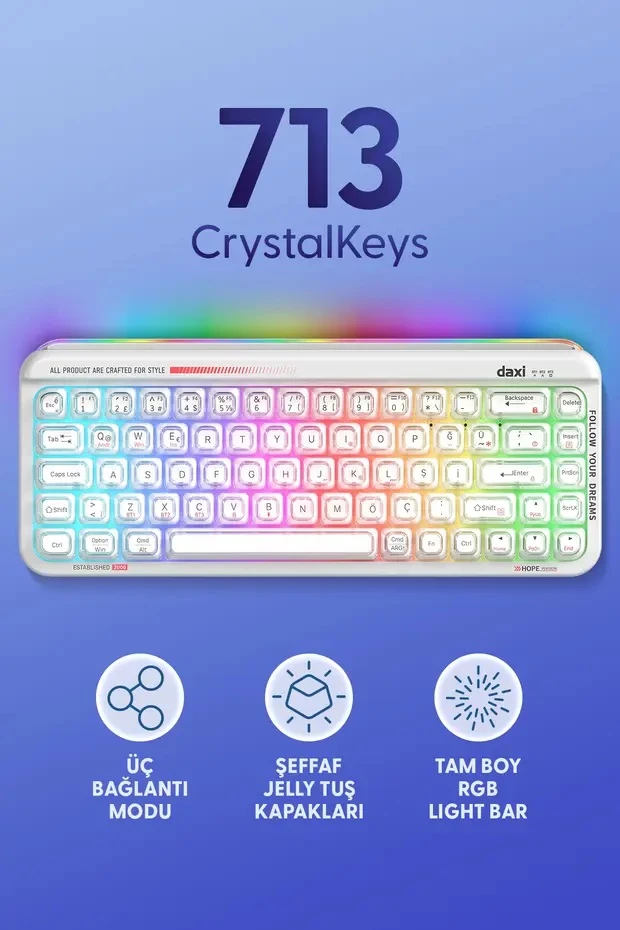 Daxi 713 CrystalKeys Dinamik RGB Oyuncu Klavyesi - Beyaz