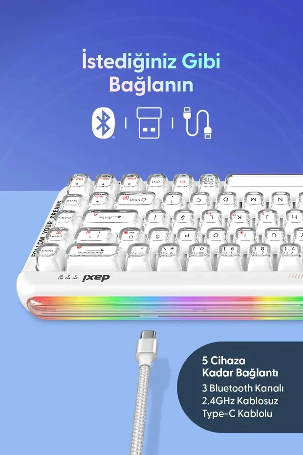 Daxi 713 CrystalKeys Dinamik RGB Oyuncu Klavyesi - Beyaz