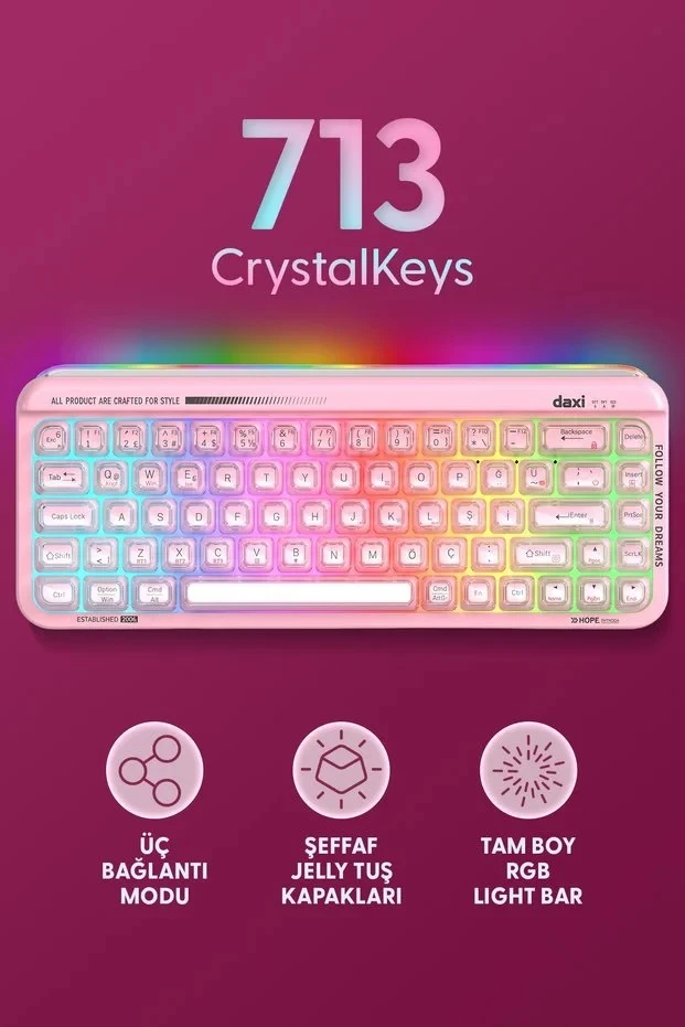 Daxi 713 CrystalKeys Dinamik RGB Oyuncu Klavyesi - Pembe
